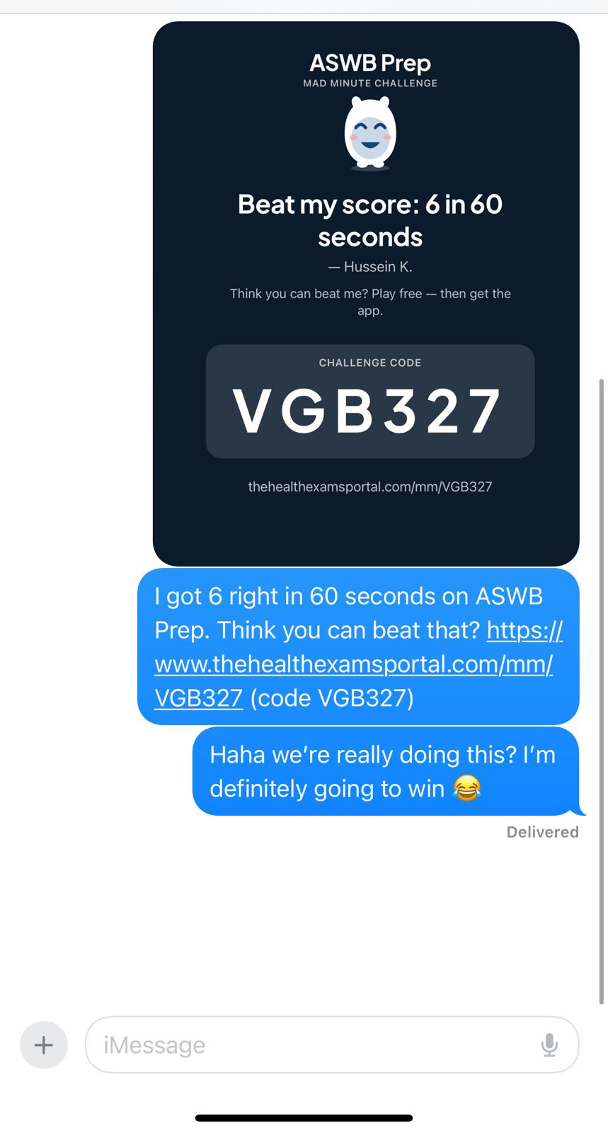 A Mad Minute challenge shared with a friend by text message