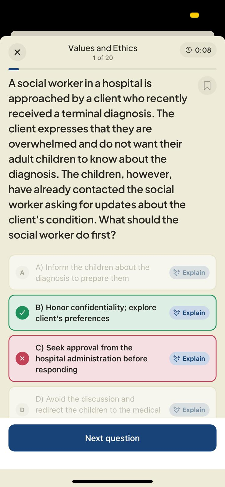 An ASWB question answered, with the explanation open underneath